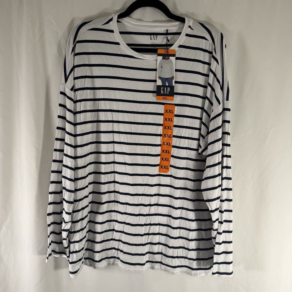 New GAP Long Sleeve Top Women's XXL Navy White Striped Lightweight Soft Round Ne